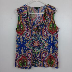 Lauren Ralph Lauren Royal Blue Paisley Ruffle Neck Sleeveless Tank Top Size 1X